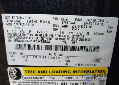 2024 Ford Expedition Limited Max z USA, uszkodzony, nr VIN 1FMJK2A81REA32532